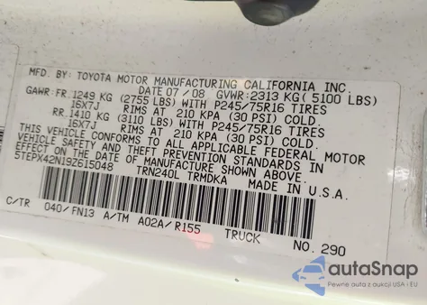 2009 Toyota Tacoma z USA, uszkodzony, nr VIN 5TEPX42N19Z615048